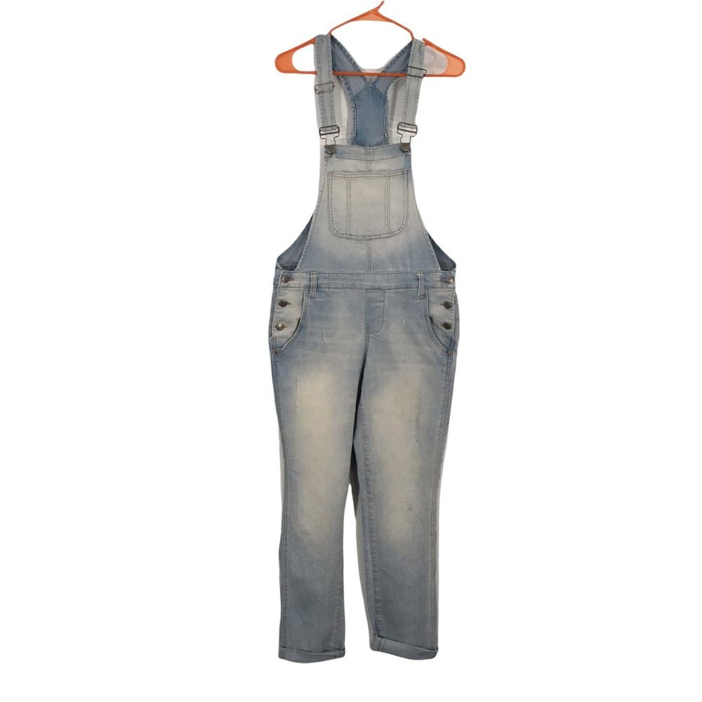 LEI  Womens Light Blue Wash Distressed‎ Denim Overalls, size Medium